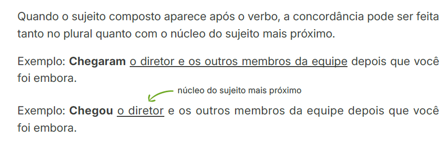 Quando o sujeito composto aparece após o verbo, a concordância pode ser feita
tanto no plural quanto com o núcleo do sujeito mais próximo.