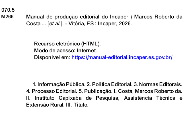 Manual de Produção Editorial do Incaper - Dados Internacionais de Catalogação na Publicação (CIP)